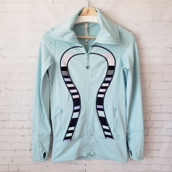 Lululemon Instride Jacket Size 4 Light Blue Striped Omega Logo Long Length - Picture 1 of 9